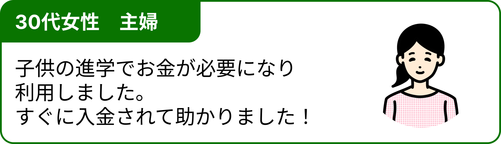 30代女性 主婦 子供の進学でお金が必要になり利用しました。すぐに入金されて助かりました!
